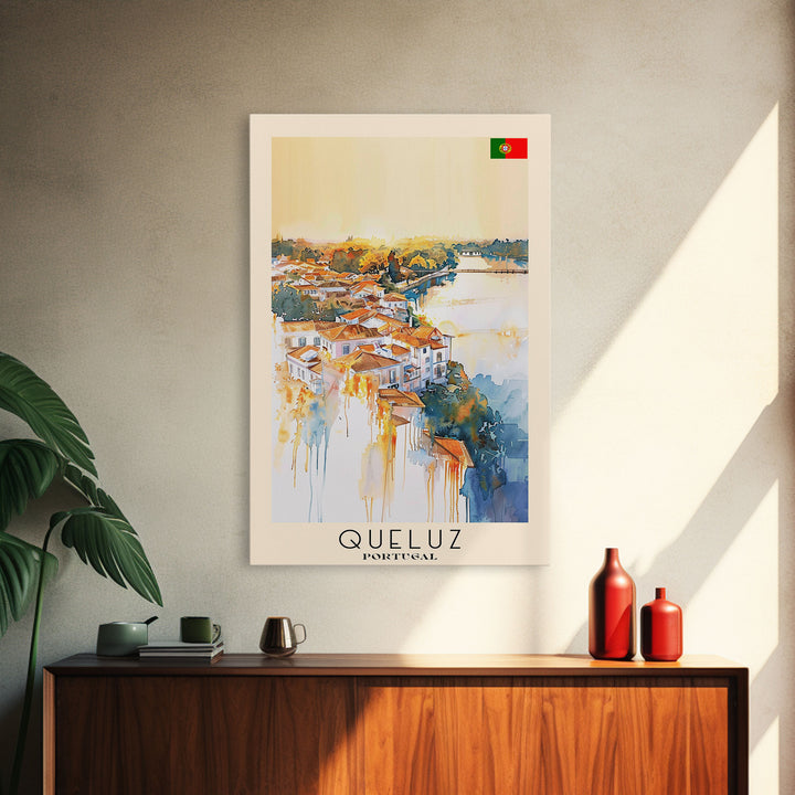 Queluz Portugal Travel Poster Framed Canvas Print, Watercolor Painting, Scenic Wall Art, Home Decor, Portuguese Landscape, Artistic Art