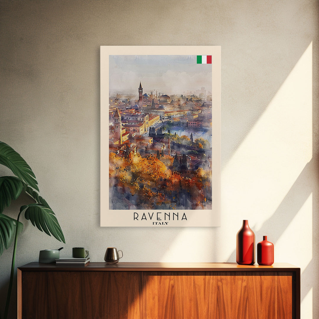 Ravenna Italy Travel Poster Framed Canvas Print, Watercolor Painting, Scenic Wall Art, Home Decor, Italian Cityscape, Historic Art