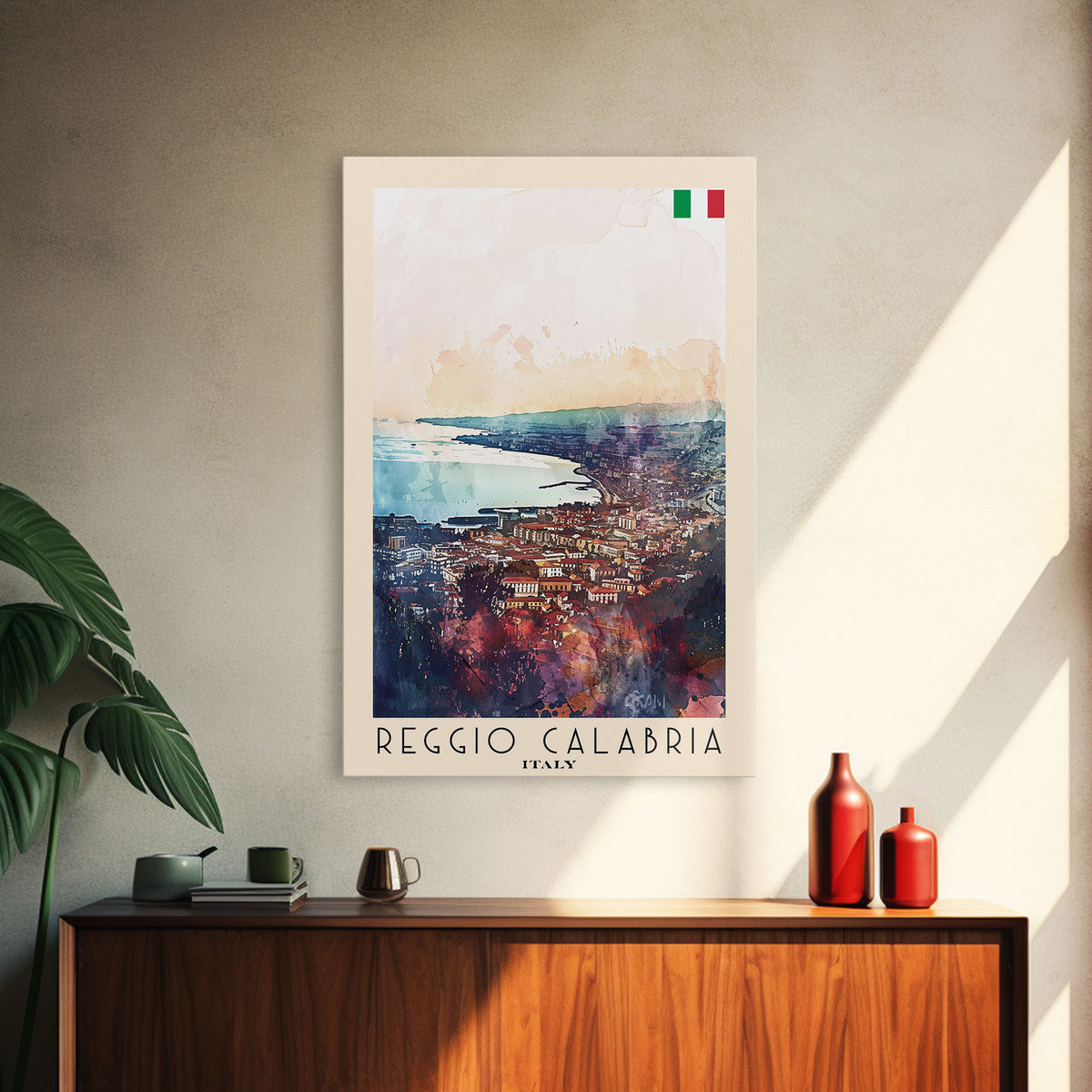 Reggio Calabria Italy Travel Poster Framed Canvas Print, Watercolor Painting, Coastal Wall Art, Home Decor, Italian Seaside, Vibrant Decor