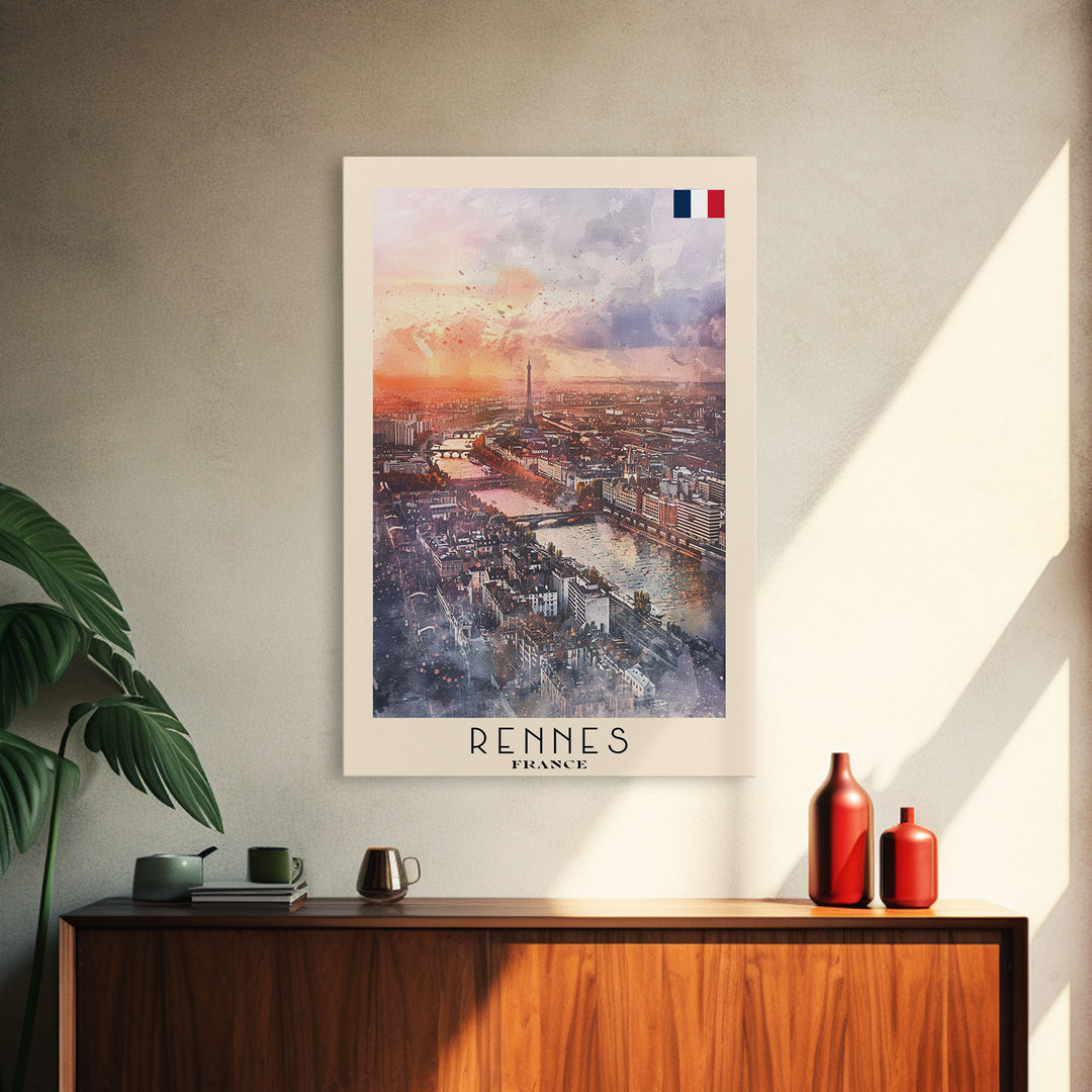 Rennes France Travel Poster Framed Canvas Print, Watercolor Painting, Scenic Wall Art, Home Decor, French Cityscape, Modern Decor