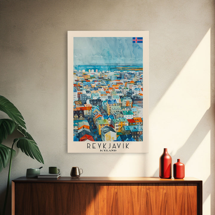 Reykjavik Iceland Travel Poster Framed Canvas Print, Watercolor Painting, Scenic Wall Art, Home Decor, Icelandic Landscape, Artistic Decor