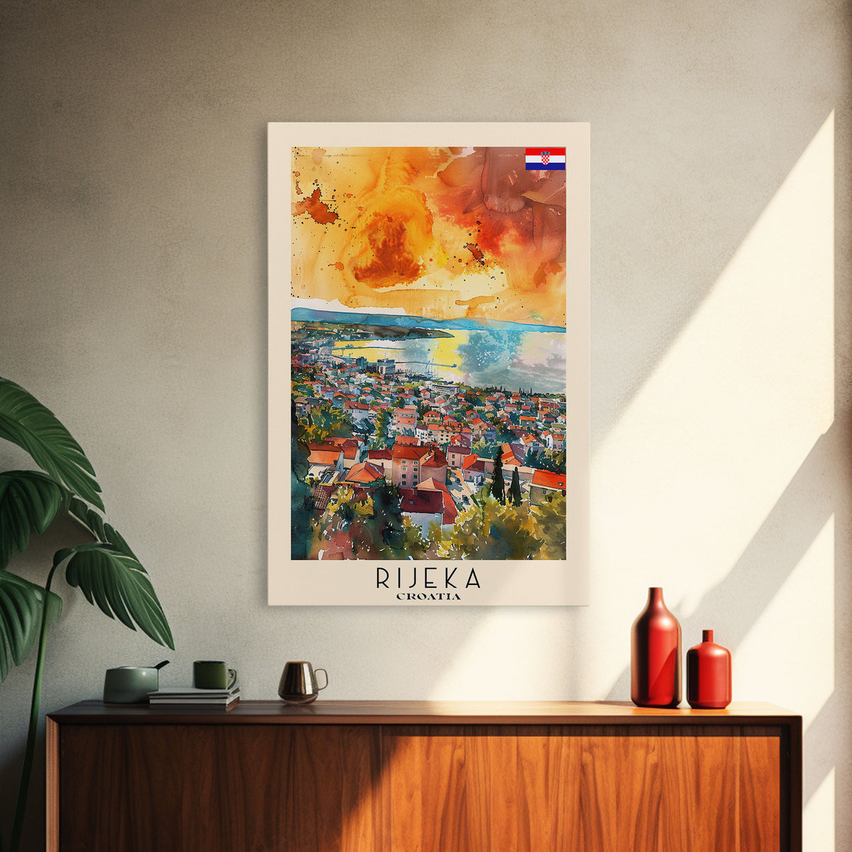 Rijeka Croatia Travel Poster Framed Canvas Print, Watercolor Painting, Coastal Wall Art, Home Decor, Croatian Seaside, Modern Art