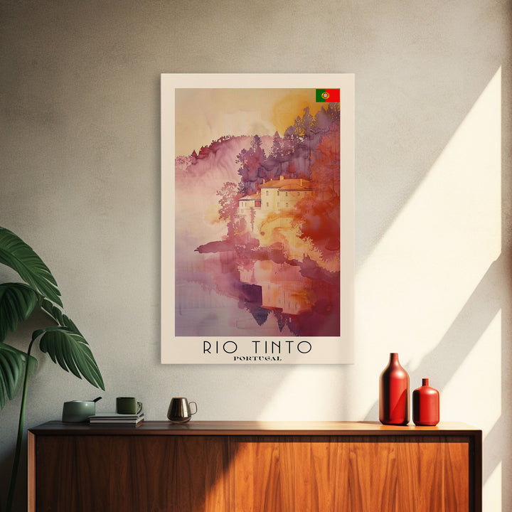 Rio Tinto Portugal Travel Poster Framed Canvas Print, Watercolor Painting, Scenic Wall Art, Home Decor, Portuguese Landscape, Artistic Decor
