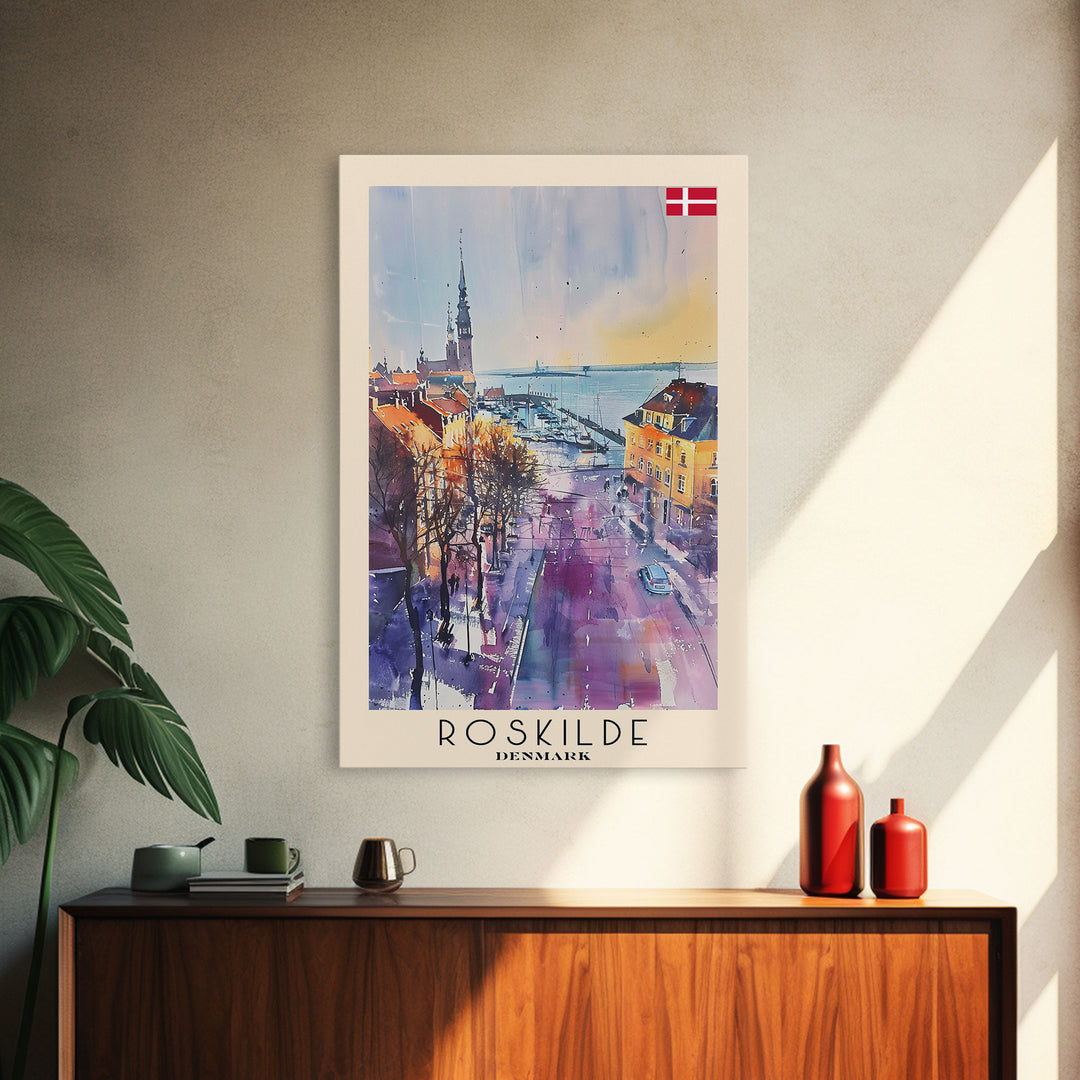 Roskilde Denmark Travel Poster Framed Canvas Print, Watercolor Painting, Scenic Wall Art, Home Decor, Danish Landscape, Modern Decor