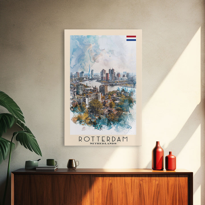 Rotterdam Netherlands Travel Poster Framed Canvas Print, Watercolor Painting, Urban Wall Art, Home Decor, Dutch Cityscape, Artistic Decor