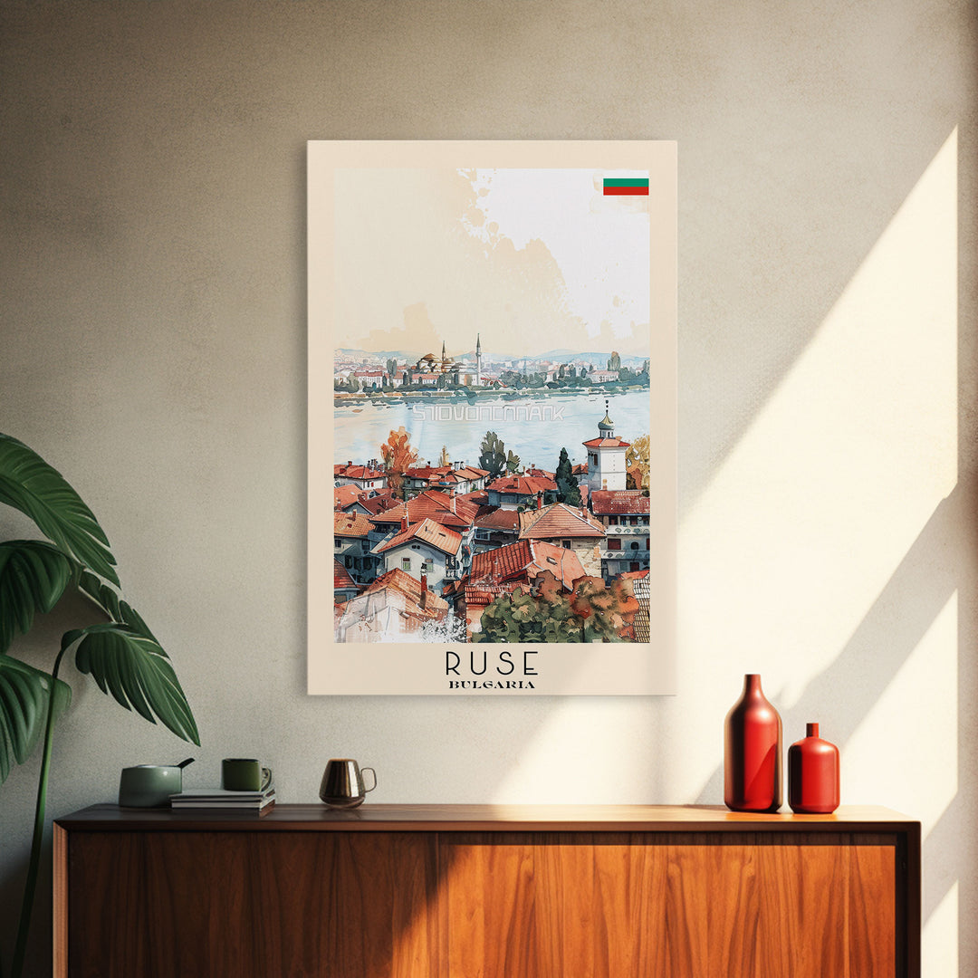 Ruse Bulgaria Travel Poster Framed Canvas Print, Watercolor Painting, Scenic Wall Art, Home Decor, Bulgarian Landscape, Classic Art