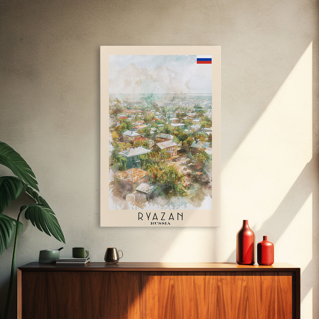Ryazan Russia Travel Poster Framed Canvas Print, Watercolor Painting, Scenic Wall Art, Home Decor, Russian Cityscape, Modern Art