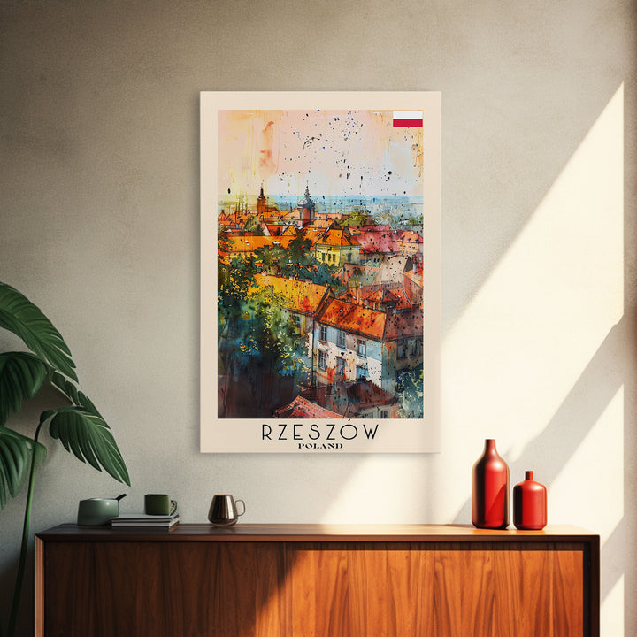 Rzeszow Poland Travel Poster Framed Canvas Print, Watercolor Painting, Urban Wall Art, Home Decor, Polish Cityscape, Classic Decor