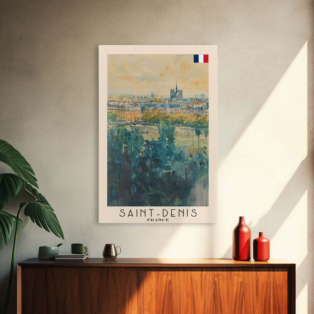 Saint Denis France Travel Poster Framed Canvas Print, Watercolor Painting, Historic Wall Art, Home Decor, French Cityscape, Vibrant Art