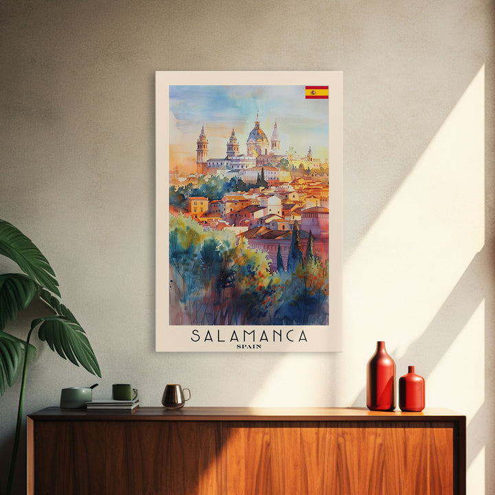 Salamanca Spain Travel Poster Framed Canvas Print, Watercolor Painting, Scenic Wall Art, Home Decor, Spanish Cityscape, Artistic Decor
