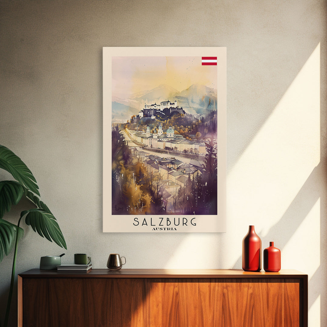 Salzburg Austria Travel Poster Framed Canvas Print, Watercolor Painting, Historic Wall Art, Home Decor, Austrian Architecture, Classic Decor