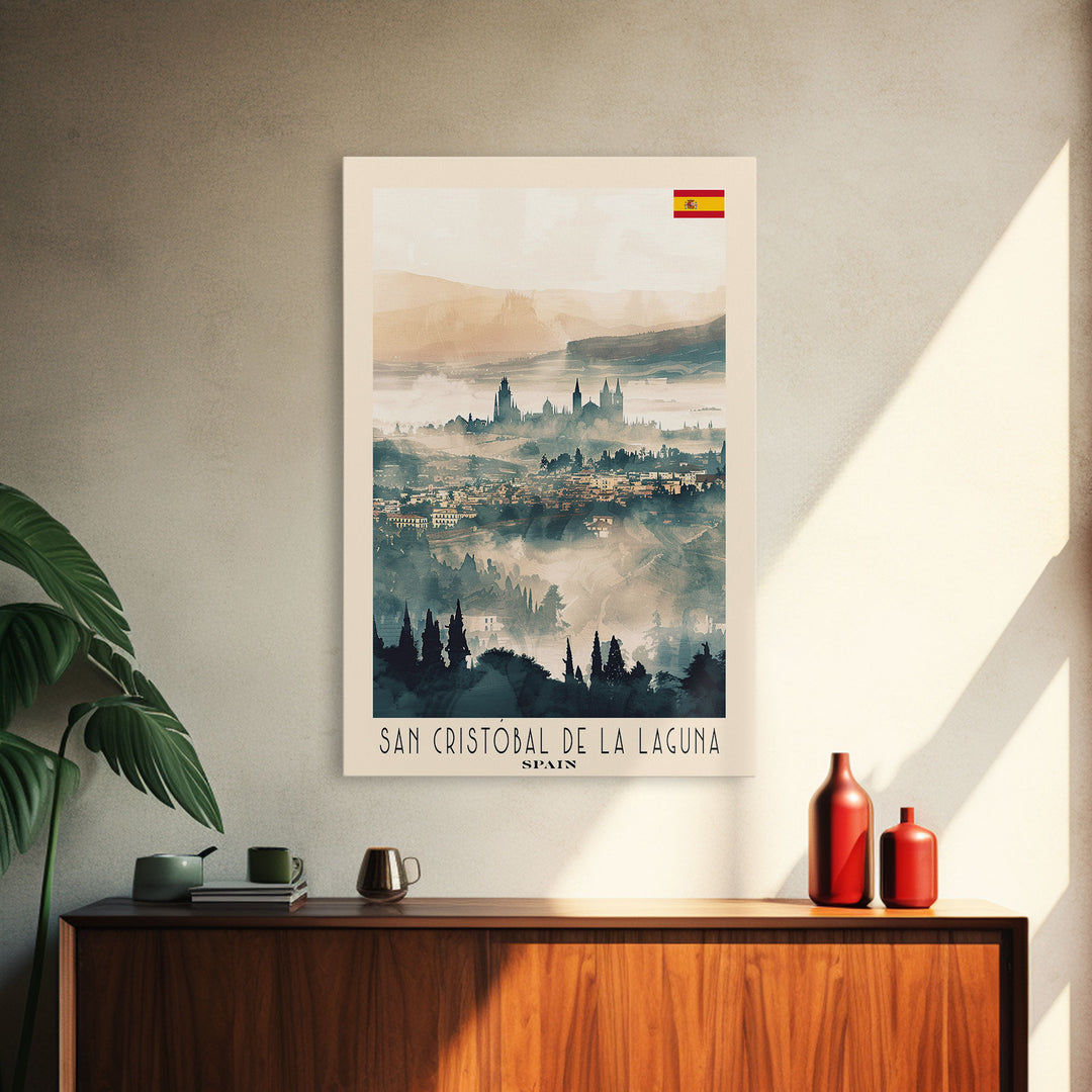 San Cristobal de La Laguna Spain Travel Poster Framed Canvas Print, Watercolor Painting, Scenic Wall Art, Home Decor, Spanish Landscape, Artistic Art