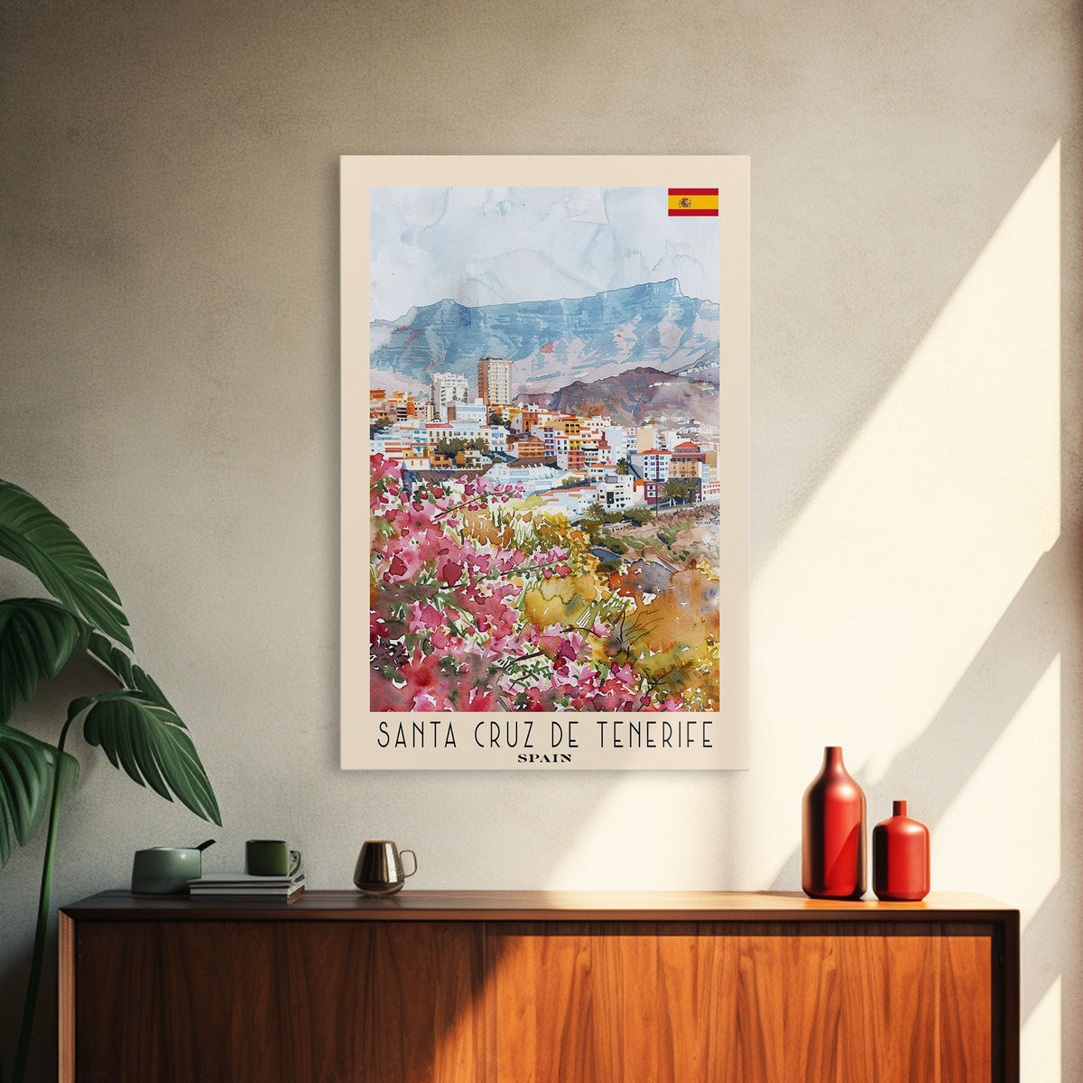 Santa Cruz de Tenerife Spain Travel Poster Framed Canvas Print, Watercolor Painting, Scenic Wall Art, Home Decor, Spanish Landscape, Modern Art