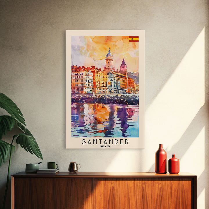Santander Spain Travel Poster Framed Canvas Print, Watercolor Painting, Coastal Wall Art, Home Decor, Spanish Seaside, Vibrant Art