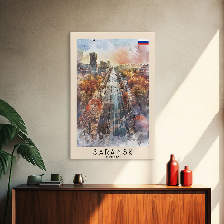 Saransk Russia Travel Poster Framed Canvas Print, Watercolor Painting, Urban Wall Art, Home Decor, Russian Cityscape, Modern Decor