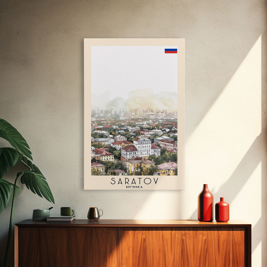 Saratov Russia Travel Poster Framed Canvas Print, Watercolor Painting, Scenic Wall Art, Home Decor, Russian Landscape, Vibrant Decor