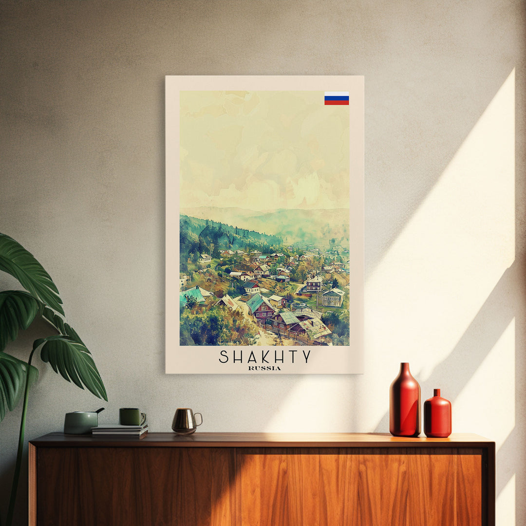 Shakhty Russia Travel Poster Framed Canvas Print, Watercolor Painting, Urban Wall Art, Home Decor, Russian Cityscape, Modern Art
