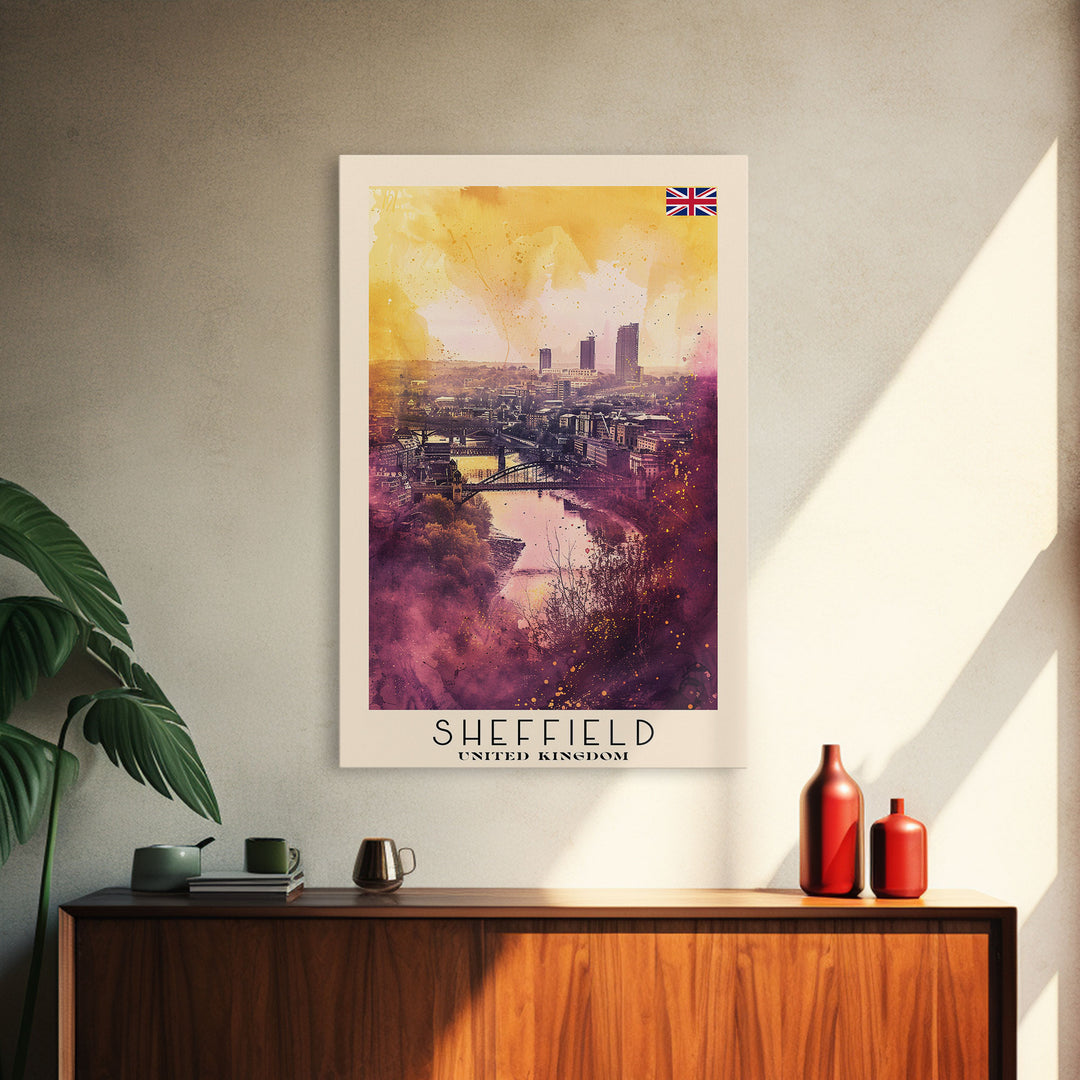 Sheffield United Kingdom Travel Poster Framed Canvas Print, Watercolor Painting, Urban Wall Art, Home Decor, British Cityscape, Artistic Decor