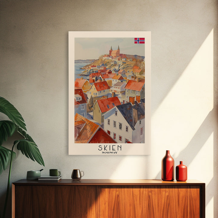 Skien Norway Travel Poster Framed Canvas Print, Watercolor Painting, Scenic Wall Art, Home Decor, Norwegian Landscape, Vibrant Art