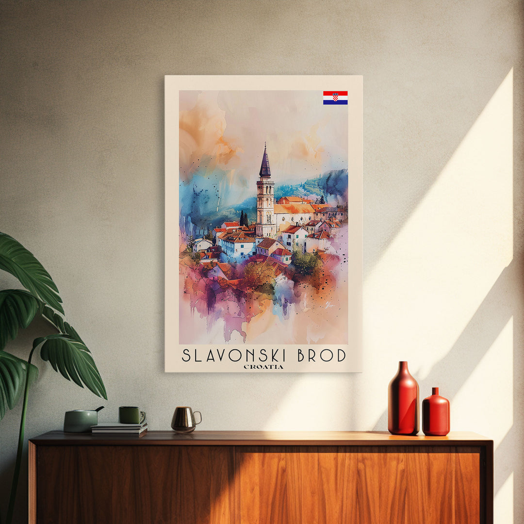 Slavonski Brod Croatia Travel Poster Framed Canvas Print, Watercolor Painting, Scenic Wall Art, Home Decor, Croatian Cityscape, Classic Art