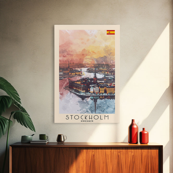 Stockholm Sweden Travel Poster Framed Canvas Print, Watercolor Painting, Scenic Wall Art, Home Decor, Swedish Cityscape, Contemporary Art