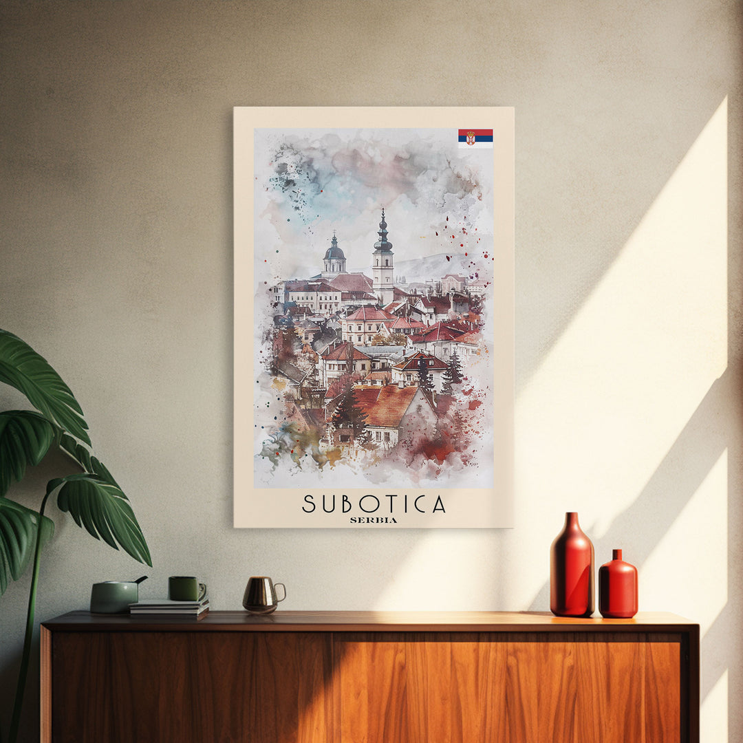 Subotica Serbia Travel Poster Framed Canvas Print, Watercolor Painting, Scenic Wall Art, Home Decor, Serbian Landscape, Vibrant Decor