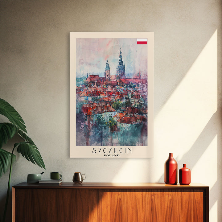 Szczecin Poland Travel Poster Framed Canvas Print, Watercolor Painting, Urban Wall Art, Home Decor, Polish Cityscape, Modern Decor