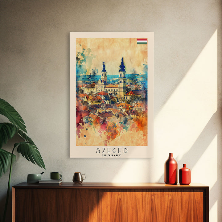 Szeged Hungary Travel Poster Framed Canvas Print, Watercolor Painting, Scenic Wall Art, Home Decor, Hungarian Cityscape, Vibrant Art