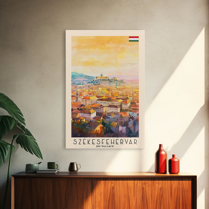 Szkesfehrvar Hungary Travel Poster Framed Canvas Print, Watercolor Painting, Scenic Wall Art, Home Decor, Hungarian Architecture, Artistic Decor