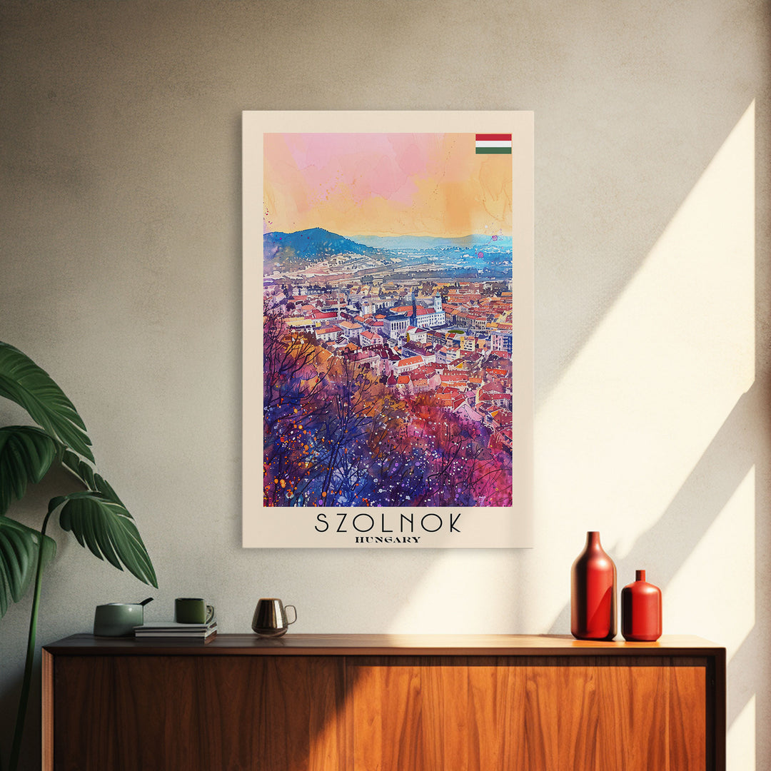 Szolnok Hungary Travel Poster Framed Canvas Print, Watercolor Painting, Scenic Wall Art, Home Decor, Hungarian Landscape, Traditional Art