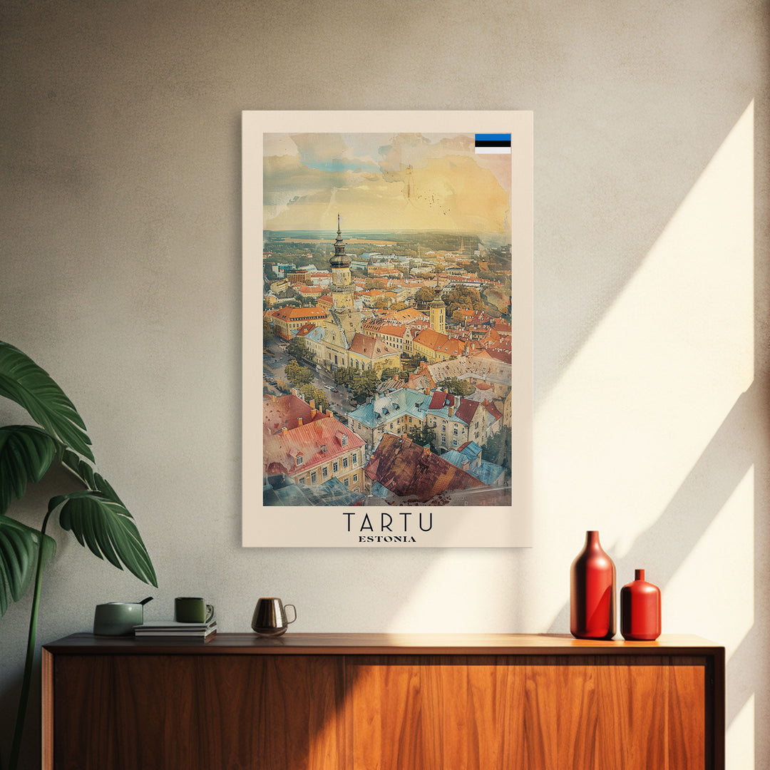 Tartu Estonia Travel Poster Framed Canvas Print, Watercolor Painting, Scenic Wall Art, Home Decor, Estonian Cityscape, Modern Decor