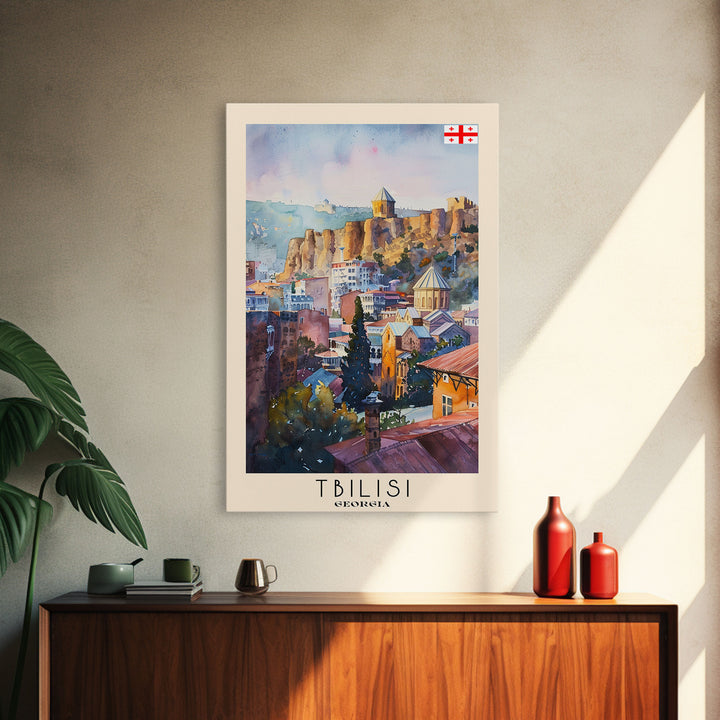 Tbilisi Georgia Travel Poster Framed Canvas Print, Watercolor Painting, Urban Wall Art, Home Decor, Georgian Cityscape, Artistic Decor