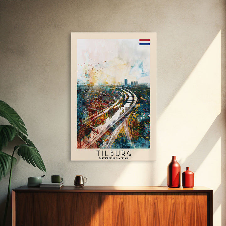 Tilburg Netherlands Travel Poster Framed Canvas Print, Watercolor Painting, Urban Wall Art, Home Decor, Dutch Cityscape, Trendy Decor