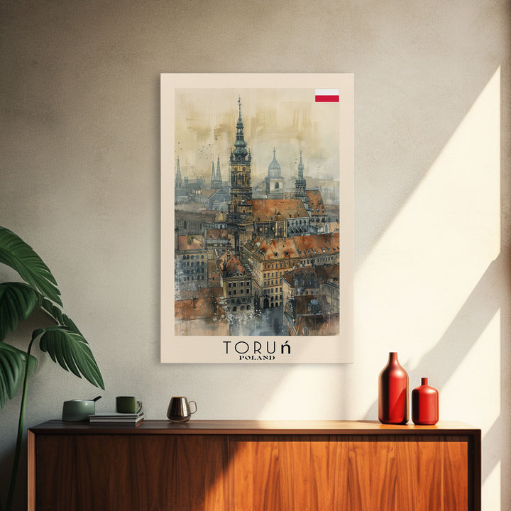 Torun Poland Travel Poster Framed Canvas Print, Watercolor Painting, Historic Wall Art, Home Decor, Polish Cityscape, Medieval Art