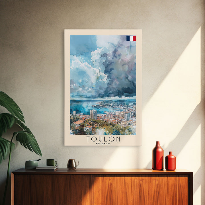 Toulon France Travel Poster Framed Canvas Print, Watercolor Painting, Coastal Wall Art, Home Decor, French Seaside, Nautical Decor