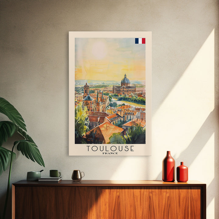 Toulouse France Travel Poster Framed Canvas Print, Watercolor Painting, Urban Wall Art, Home Decor, French Architecture, Stylish Decor