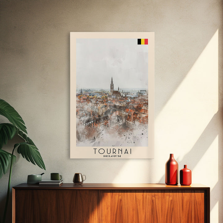 Tournai Belgium Travel Poster Framed Canvas Print, Watercolor Painting, Historic Wall Art, Home Decor, Belgian Cityscape, Heritage Art