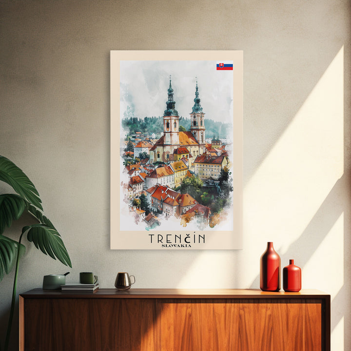 Trencin Slovakia Travel Poster Framed Canvas Print, Watercolor Painting, Scenic Wall Art, Home Decor, Slovakian Landscape, Alpine Decor