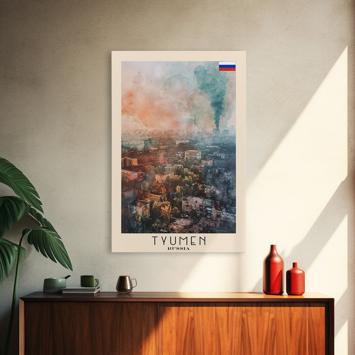 Tyumen Russia Travel Poster Framed Canvas Print, Watercolor Painting, Urban Wall Art, Home Decor, Russian Cityscape, Classic Art