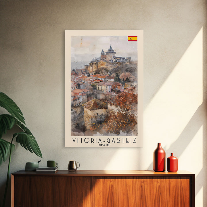 Vitoria Gasteiz Spain Travel Poster Framed Canvas Print, Watercolor Painting, Urban Wall Art, Home Decor, Spanish Cityscape, Trendy Art