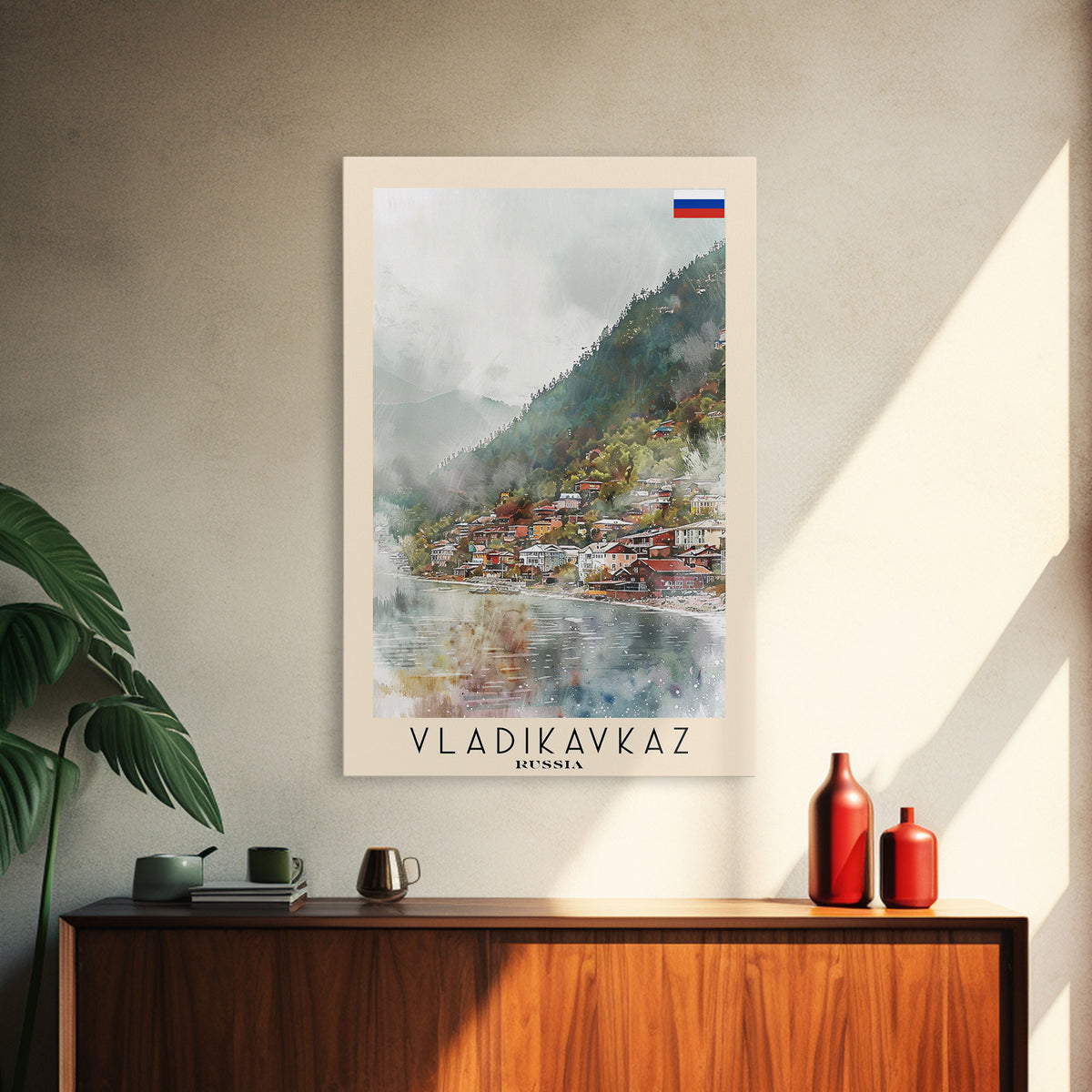 Vladikavkaz Russia Travel Poster Framed Canvas Print, Watercolor Painting, Scenic Wall Art, Home Decor, Russian Landscape, Vibrant Decor