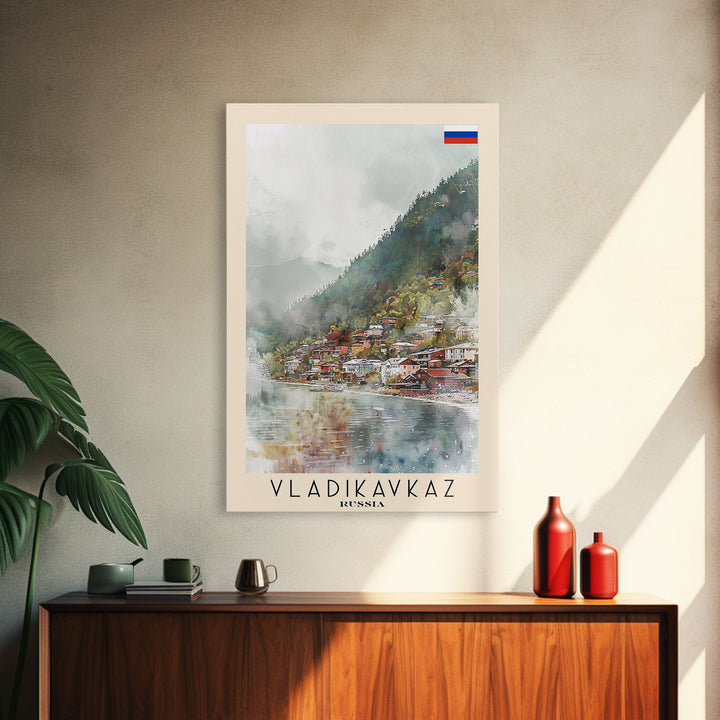 Vladikavkaz Russia Travel Poster Framed Canvas Print, Watercolor Painting, Scenic Wall Art, Home Decor, Russian Landscape, Vibrant Decor