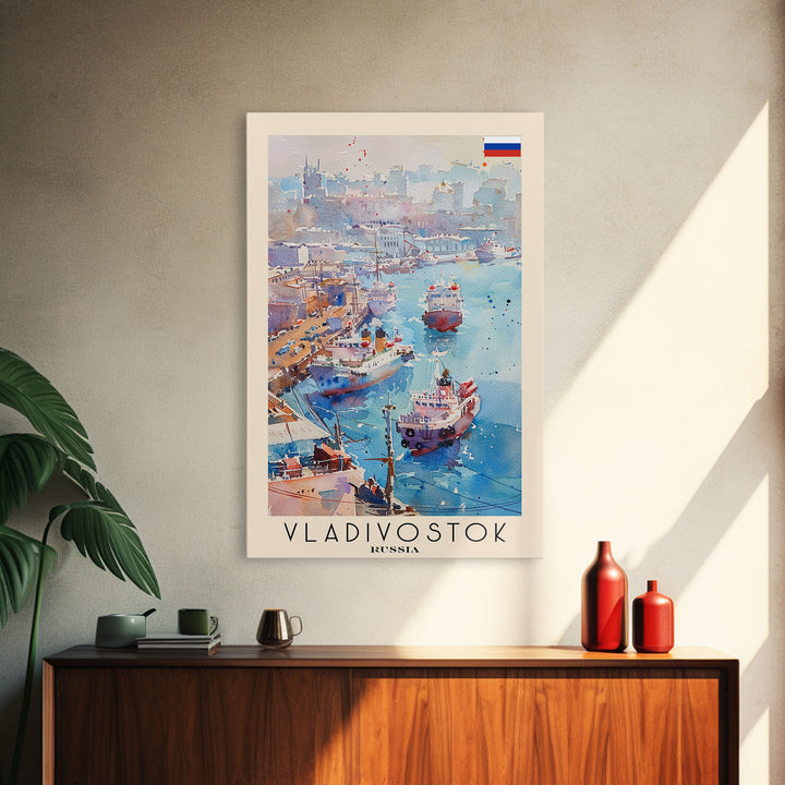 Vladivostok Russia Travel Poster Framed Canvas Print, Watercolor Painting, Coastal Wall Art, Home Decor, Russian Seaside, Nautical Art