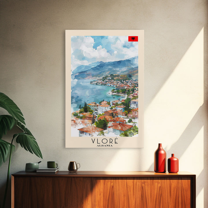 Vlor Albania Travel Poster Framed Canvas Print, Watercolor Painting, Scenic Wall Art, Home Decor, Albanian Landscape, Exotic Decor