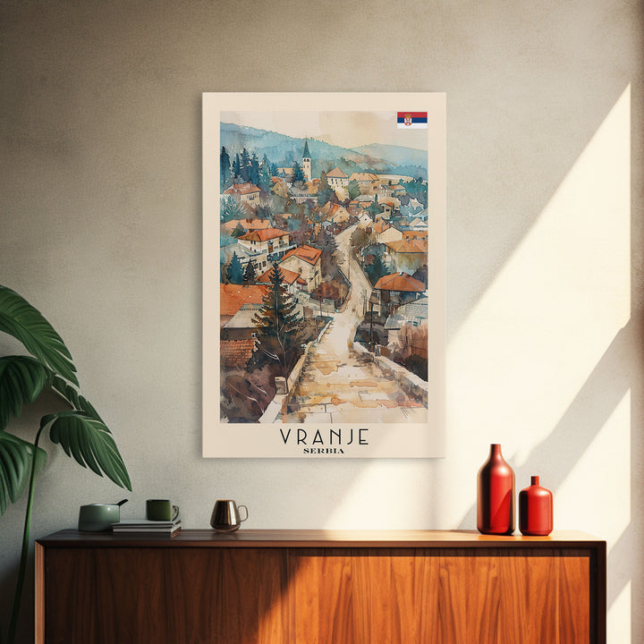 Vranje Serbia Travel Poster Framed Canvas Print, Watercolor Painting, Scenic Wall Art, Home Decor, Serbian Landscape, Traditional Art