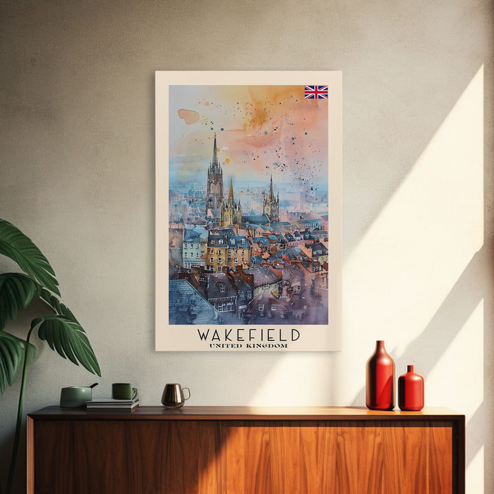 Wakefield United Kingdom Travel Poster Framed Canvas Print, Watercolor Painting, Urban Wall Art, Home Decor, British Cityscape, Elegant Decor