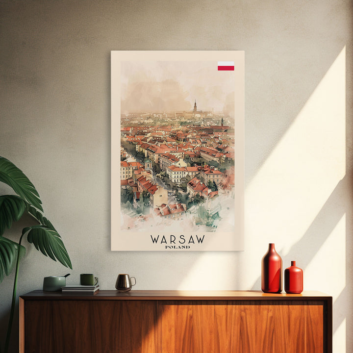 Warsaw Poland Travel Poster Framed Canvas Print, Watercolor Painting, Historic Wall Art, Home Decor, Polish Cityscape, Unique Gift Idea