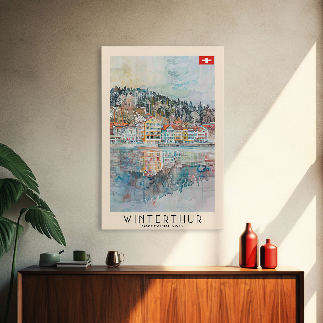 Winterthur Switzerland Travel Poster Framed Canvas Print, Watercolor Painting, Scenic Wall Art, Home Decor, Swiss Landscape, Thoughtful Gift