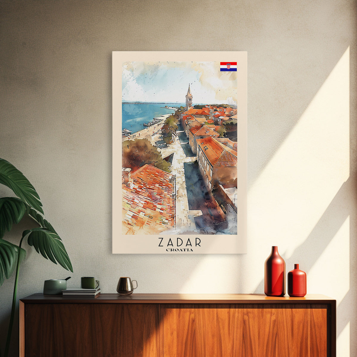 Zadar Croatia Travel Poster Framed Canvas Print, Watercolor Painting, Coastal Wall Art, Home Decor, Croatian Seaside, Nautical Gift