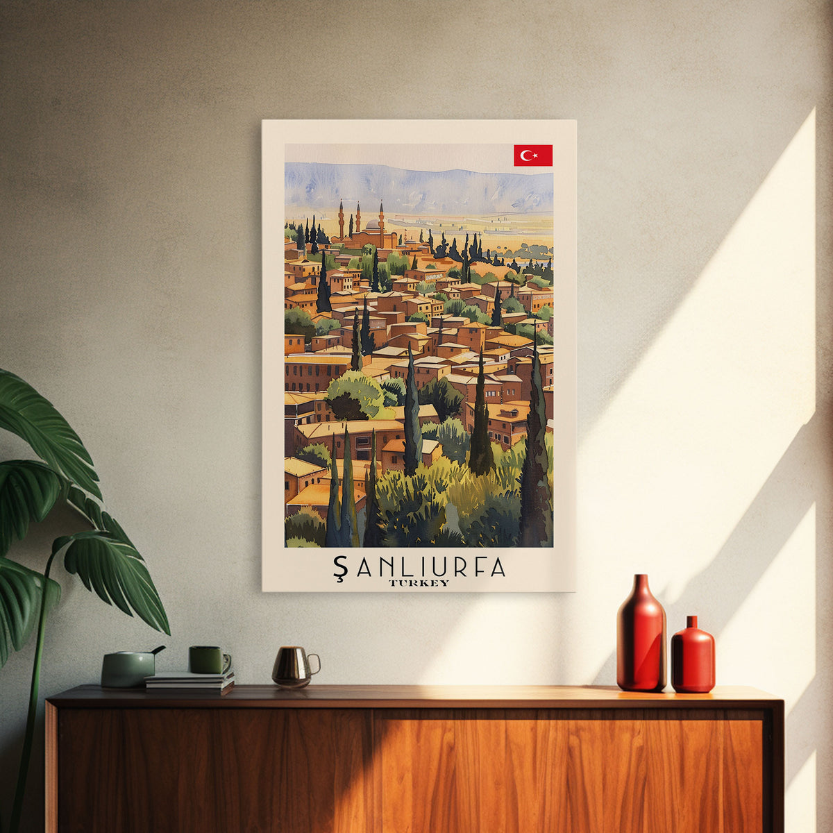 Historical Sanliurfa Panorama, Framed Canvas Print, Perfect for Bedroom Art, Travel Poster, Rustic Home Decoration, Watercolor Painting